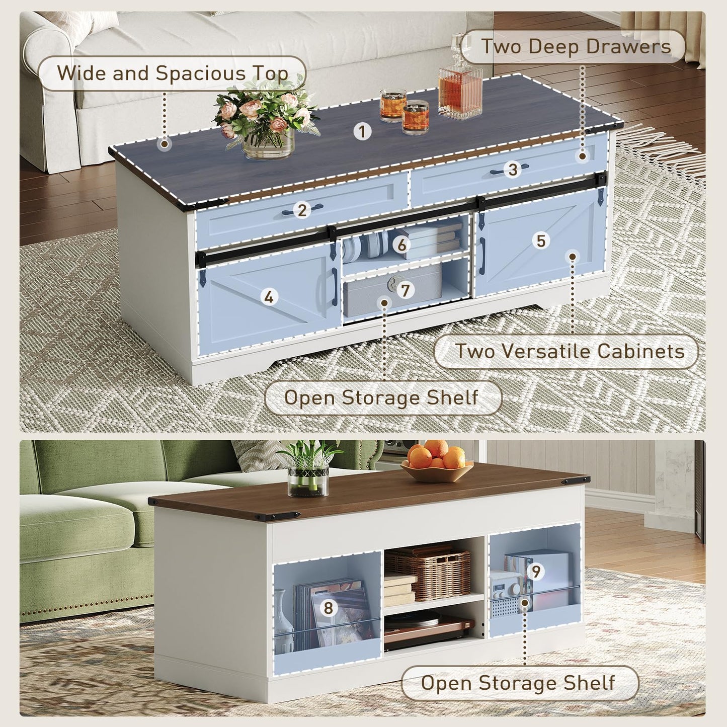 RALGEND 47" Farmhouse Coffee Table with Storage and Sliding Barn Doors, Large Rustic Center Table with 2 Drawers & Open Compartments, Wooden Coffee Table for Living Room, White and Walnut