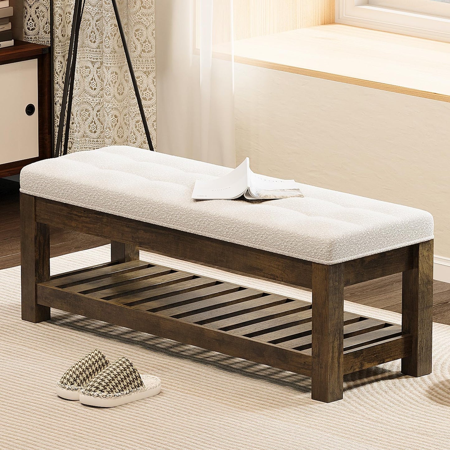 Welfuturer Large Upholstered Ottoman Bench Entryway Storage Benches Tufted Linen Ottoman Bench with Solid Wood Shelf Padded End of Bed Bench for Bedroom Living Room Hallway Decor