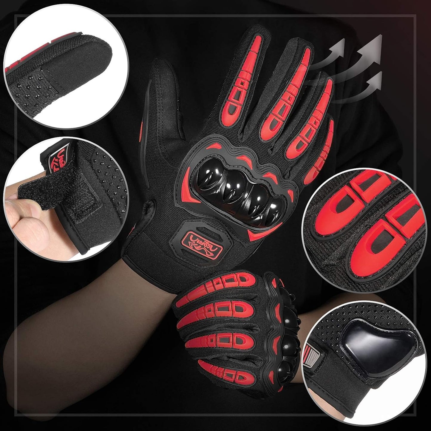 COFIT Motorcycle Gloves Breathable, Touchscreen Motorbike Gloves Anti-Slip with Good Grip Hard Knuckles Protection for Men Women Motocross, BMX ATV MTB Cycling, Road Racing - Red M