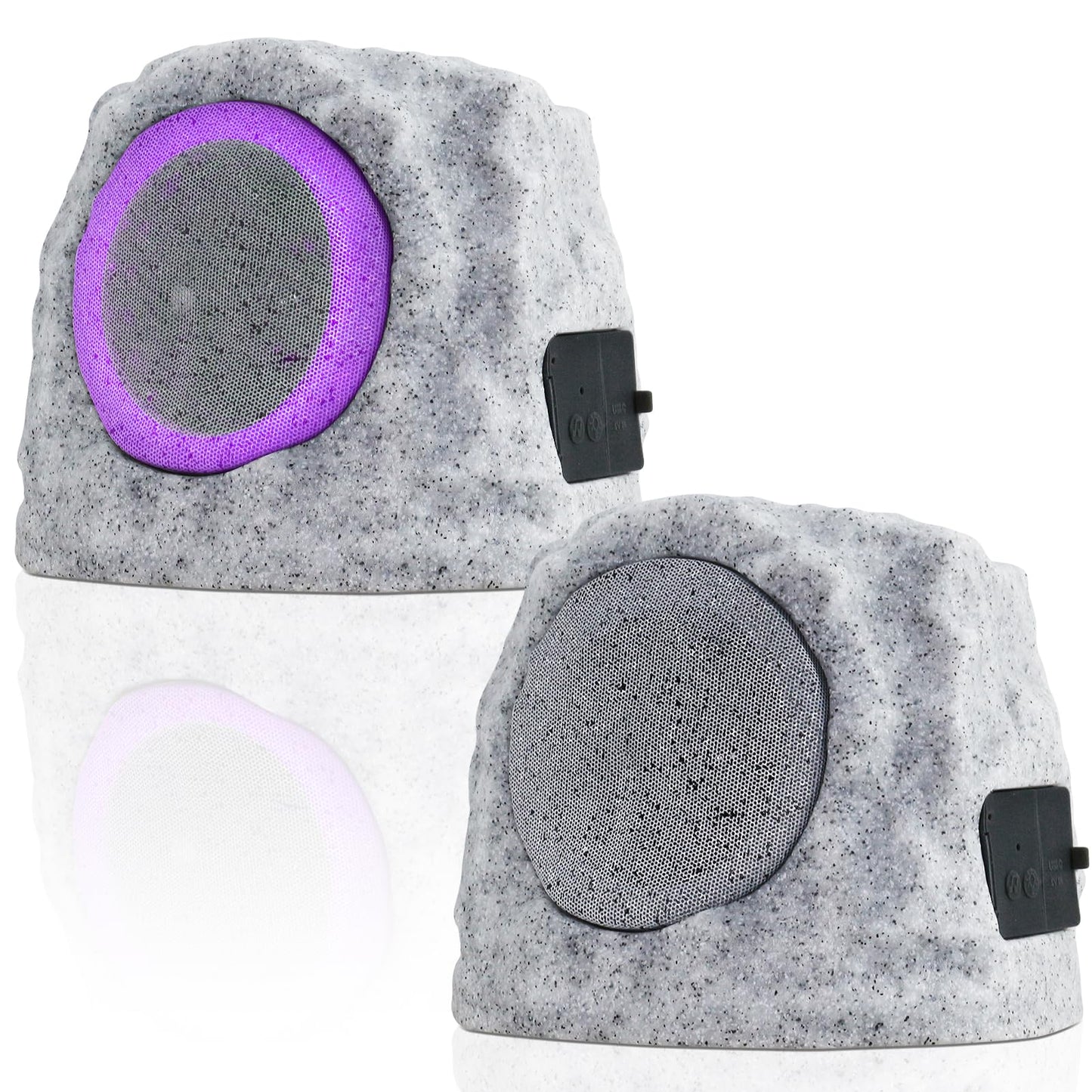 GGII 2-Pack Solar Powered Rock Speakers Outdoor Water-Resistant with 3 Mode Lights and Pair Function USB Rechargeable for Patio Garden Party Pool Outside(Two A)