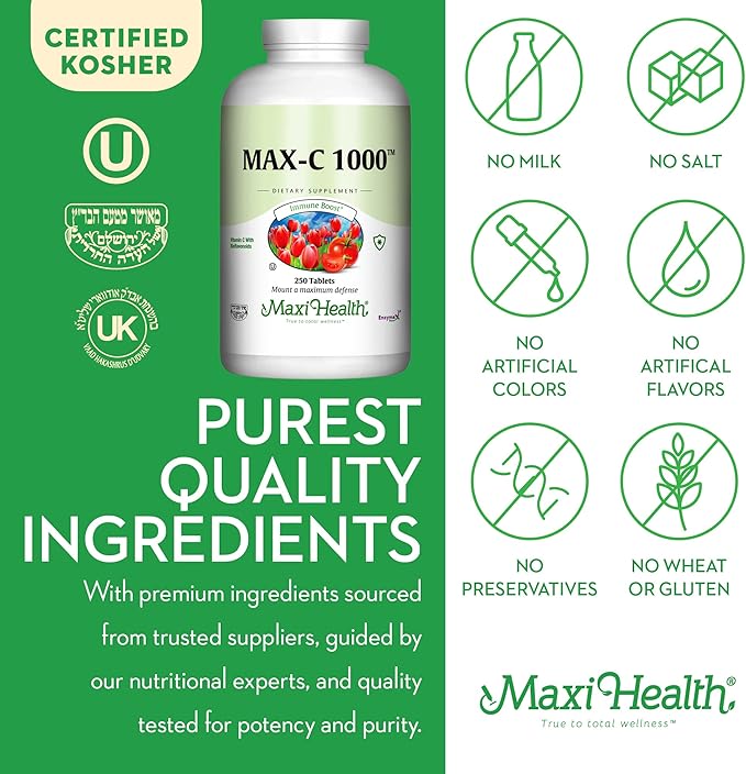 Maxi Health 1000 mg Vitamin C - 1000mg Tablets Ultra High Absorption Formula - Gluten Free Kosher Dietary Non GMO Supplement for Immune Support - Vitamin C Tablets from Ascorbic Acid, (250 Count)