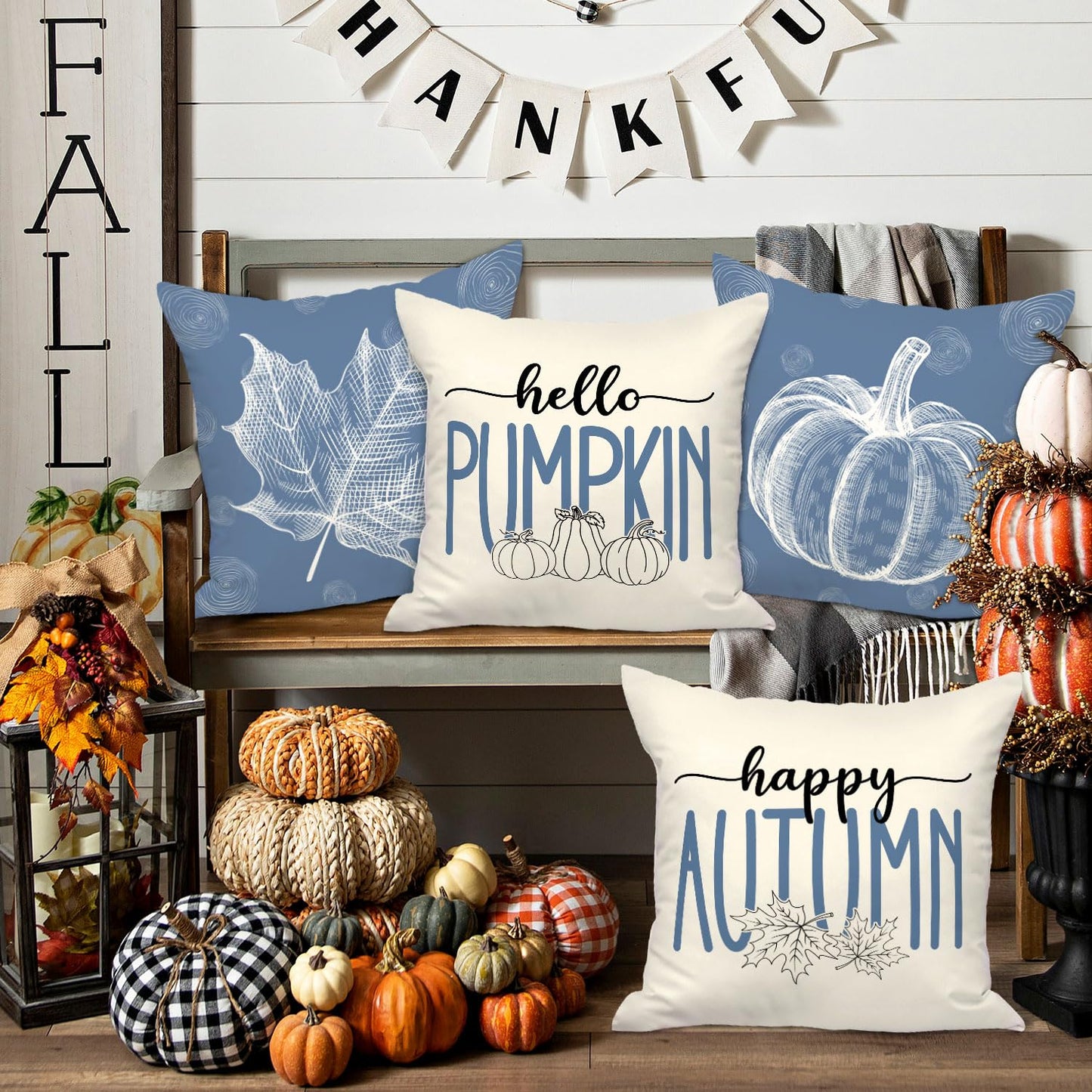 Ywlake Blue 18x18 Throw Fall Pillow Covers Set of 4, Maple Leaf Pumpkin Decorative Holiday 18 x 18 Autumn Cushion Covers Thanksgiving Pillow Case for Indoor Home Bedroom Couch Sofa Decor