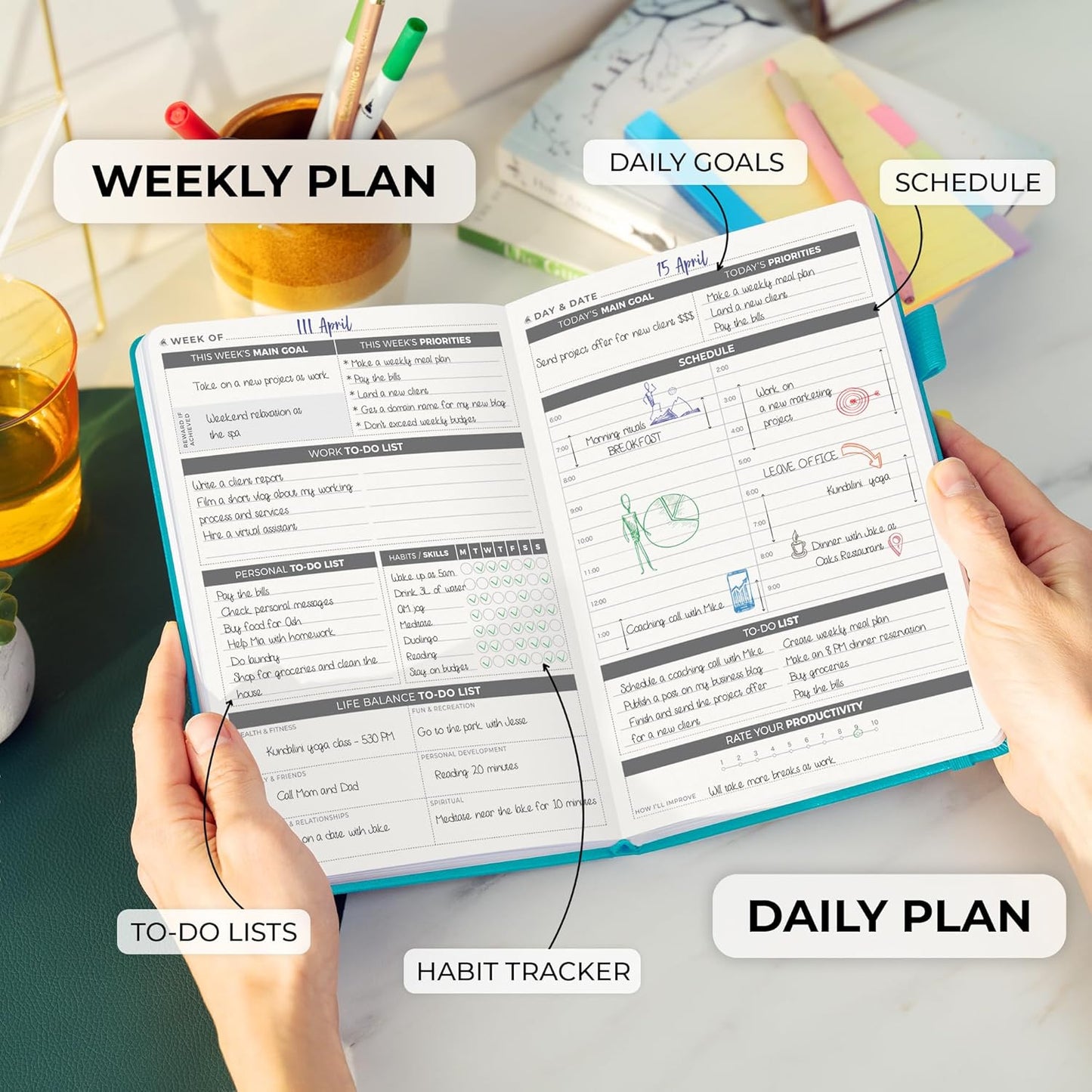 Clever Fox Daily Planner – Undated Planning Notebook with Hourly Schedule & To-Do List – Personal Day Task & Work Organizer, 6 Months (Turquoise)