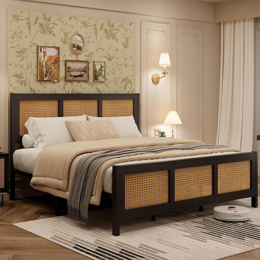 IDEALHOUSE King Size Bed Frame with Headboard, Bohemian Rattan Platform Bed Frame with Strong Metal Slats Support, No Box Spring Needed, Noise-Free Design, Black