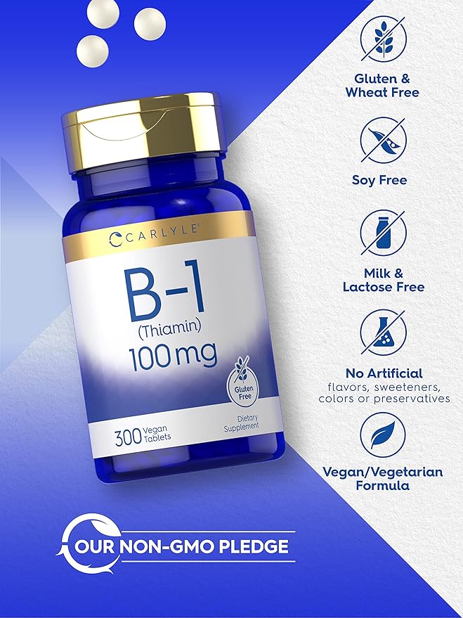 Carlyle B1 Vitamin 100mg | 300 Tablets | Supplement for Women & Men | as Thiamin HCl | Vegan, Non-GMO & Gluten Free