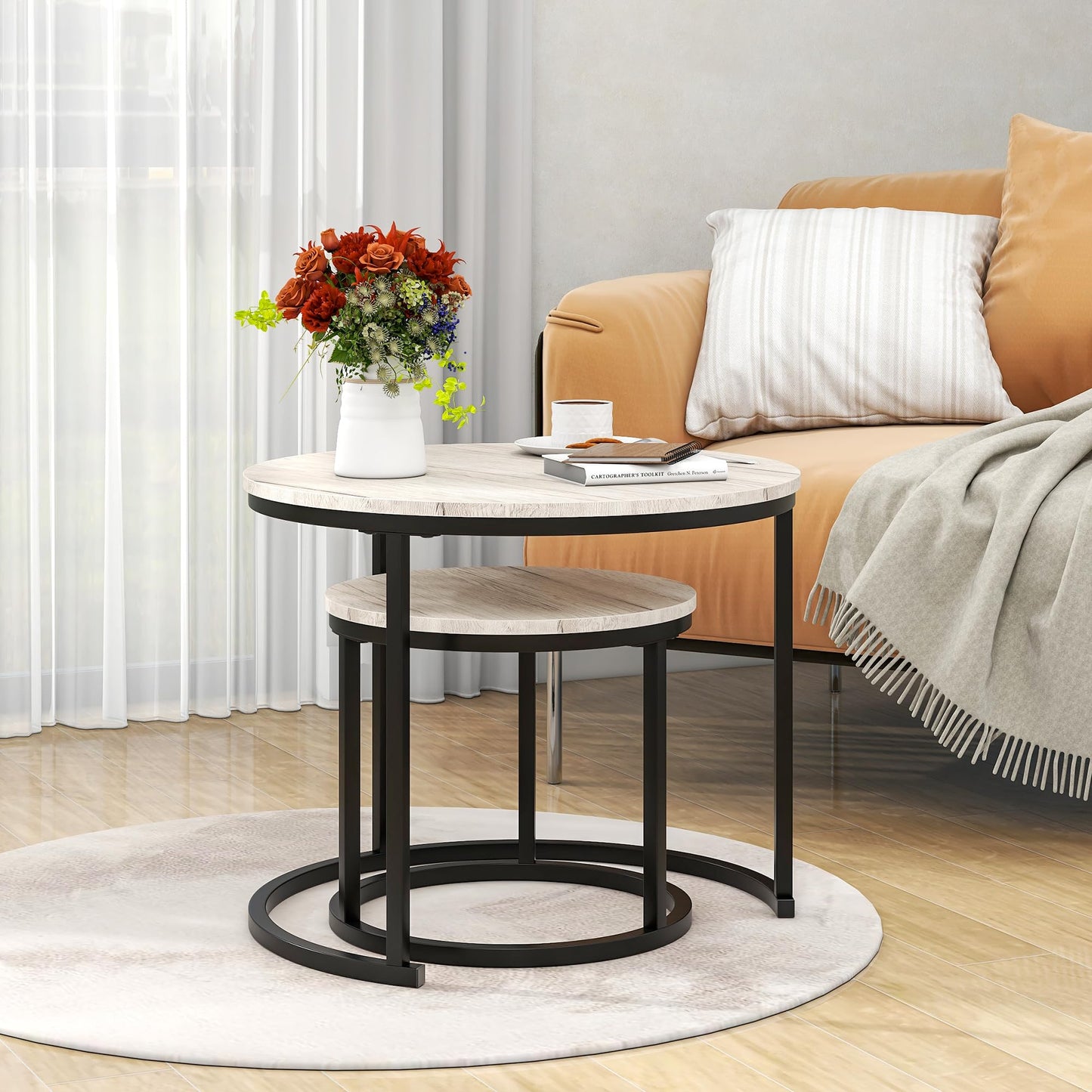 HOJINLINERO Round Coffee Table Set of 2 for Living Room,Black Small Coffee Table Living Room Table,Nesting Tables Metal Frame/Wood,Sturdy and Easy Assembly,Stacking Side Tables Bedroom,White Oak