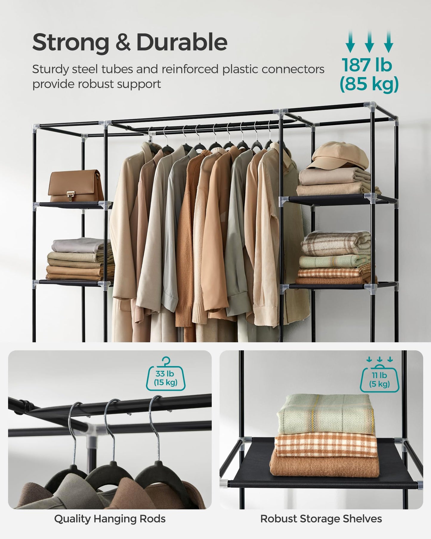 SONGMICS Closet Wardrobe, Portable Closet for Bedroom, Clothes Rail with Non-Woven Fabric Cover, Clothes Storage Organizer, 59 x 17.7 x 69 Inches, 12 Compartments, Black ULSF03H