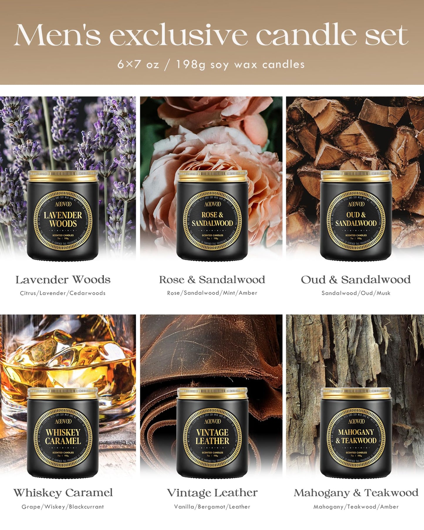 AOOVOO Scented Candles Gift Set - 6 Pack Men Candles for Home Scented, 42 oz Soy Candle for Men, 300 Hour Long Lasting Candle Set for Birthday, Father's Day, Valentine, Christmas, Anniversary