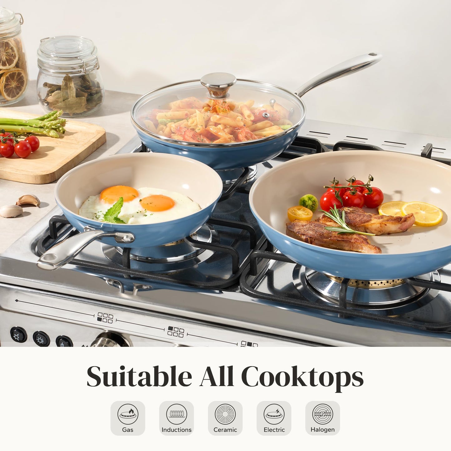 Redchef Nonstick Cookware Sets, Ceramic Frying Pan Set with Tempered Glass Lids, Non Stick Cooking Set, Dishwasher & Oven Safe, Induction Safe, Compatible with All Cooktops, Blue (8", 9.5", 11")