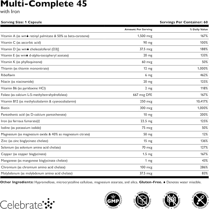 Celebrate Vitamins Multi-Complete, 45mg Iron – Daily Bariatric Multivitamin for Sleeve Gastrectomy and Gastric Bypass Surgery Patients – Essential Vitamins & Minerals (60 Capsules)