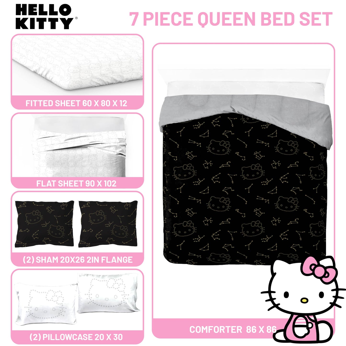 Jay Franco Hello Kitty Stars Queen Comforter Set - 7 Piece Bedding Includes Sheet Set & Pillow Covers - Super Soft Zodiac Black & Gold Bedding