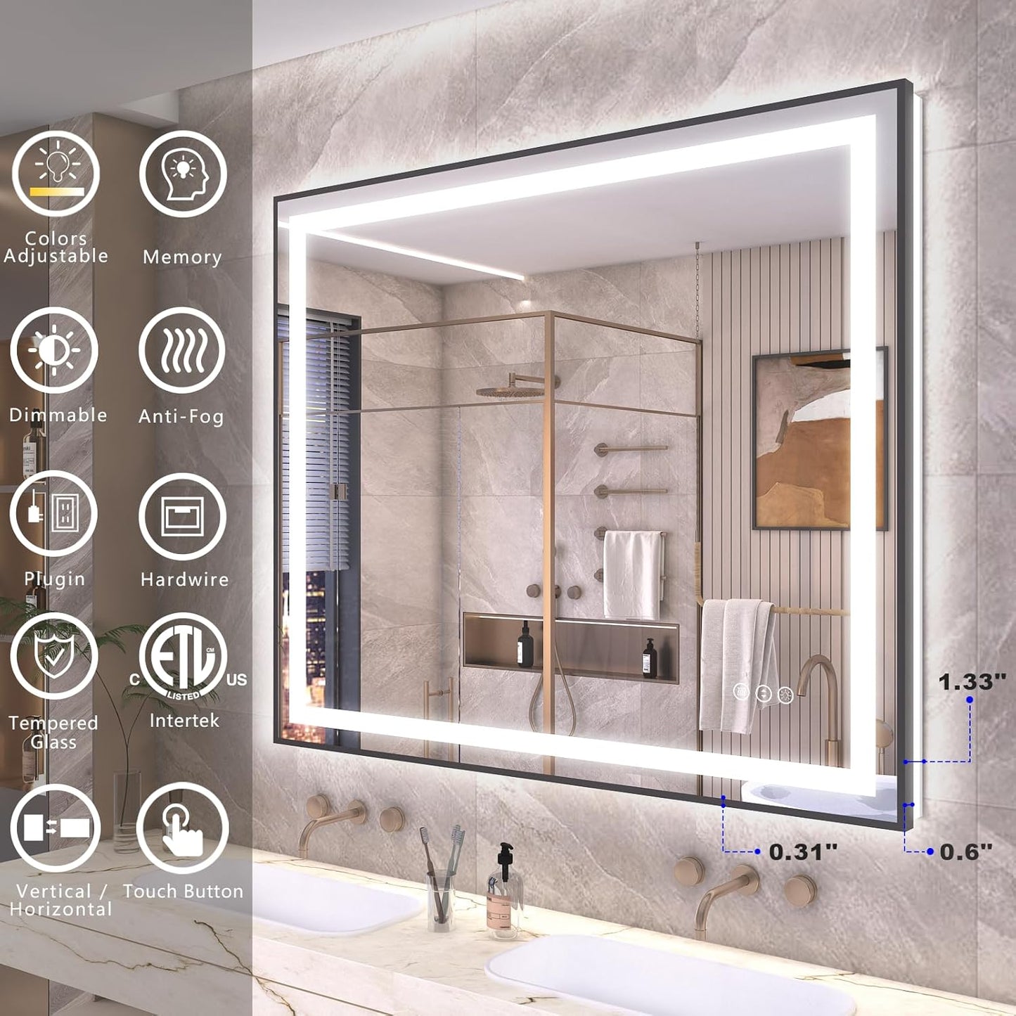OKPAL 40x36 LED Bathroom Mirror with Front and Backlit, Anti-Fog Lighted Vanity Mirror, Dimmable LED Bathroom Vanity Mirror for Wall with 3 Colors, Memory, Shatter-Proof, ETL Listed