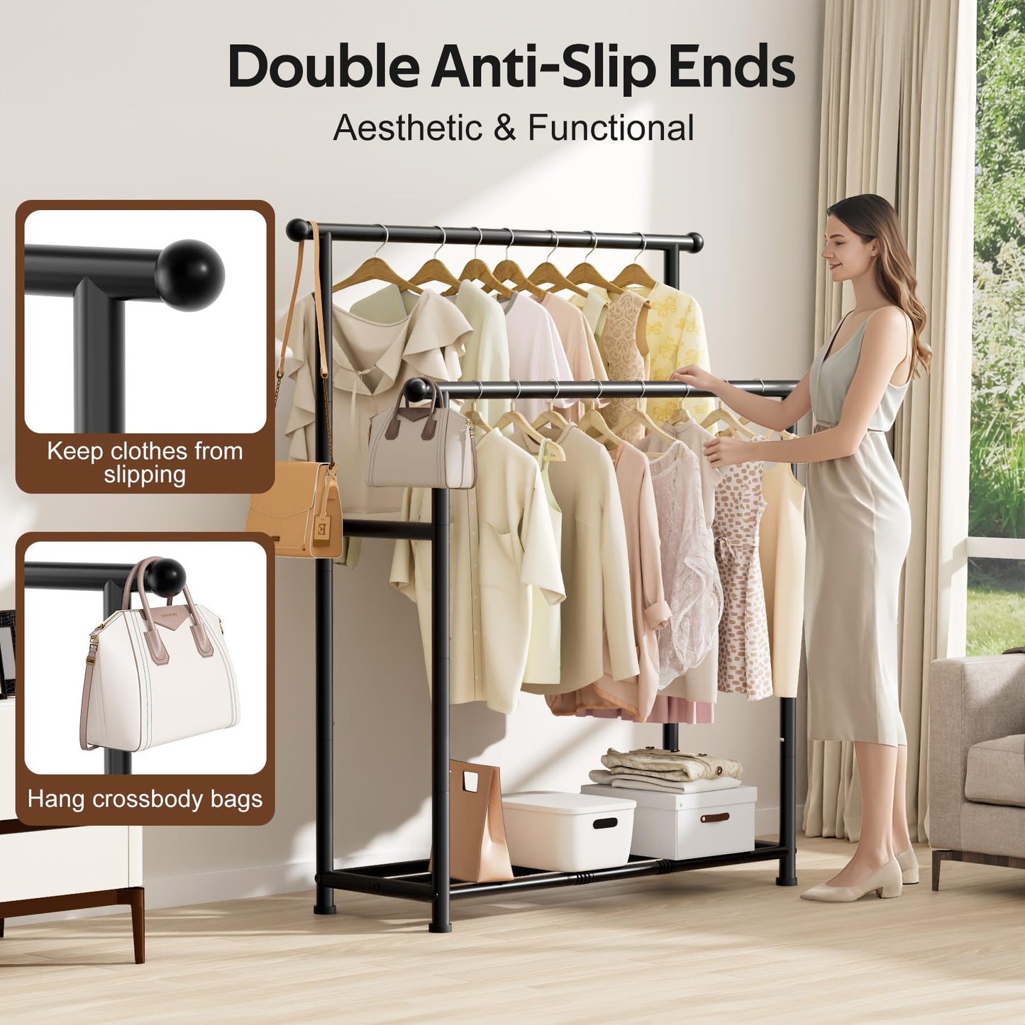 MISSLO Double Rods Garment Rack Heavy Duty Clothing Rack for Hanging Clothes Portable Clothes Organizer for Bedroom, Living Room, Clothing Store (Matte Black)