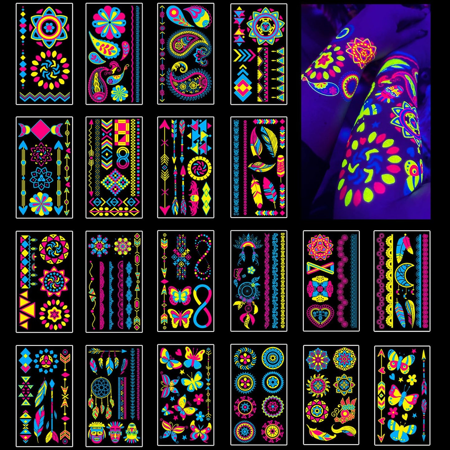 Temporary Tattoos 170 PCS Glow in The Dark Tattoos that React to Neon UV Black Light, Tattoos for Kids Teens and Adult, Neon Glow Party Decorations, Glow in The Dark Party Supplies, Glow Party Favors