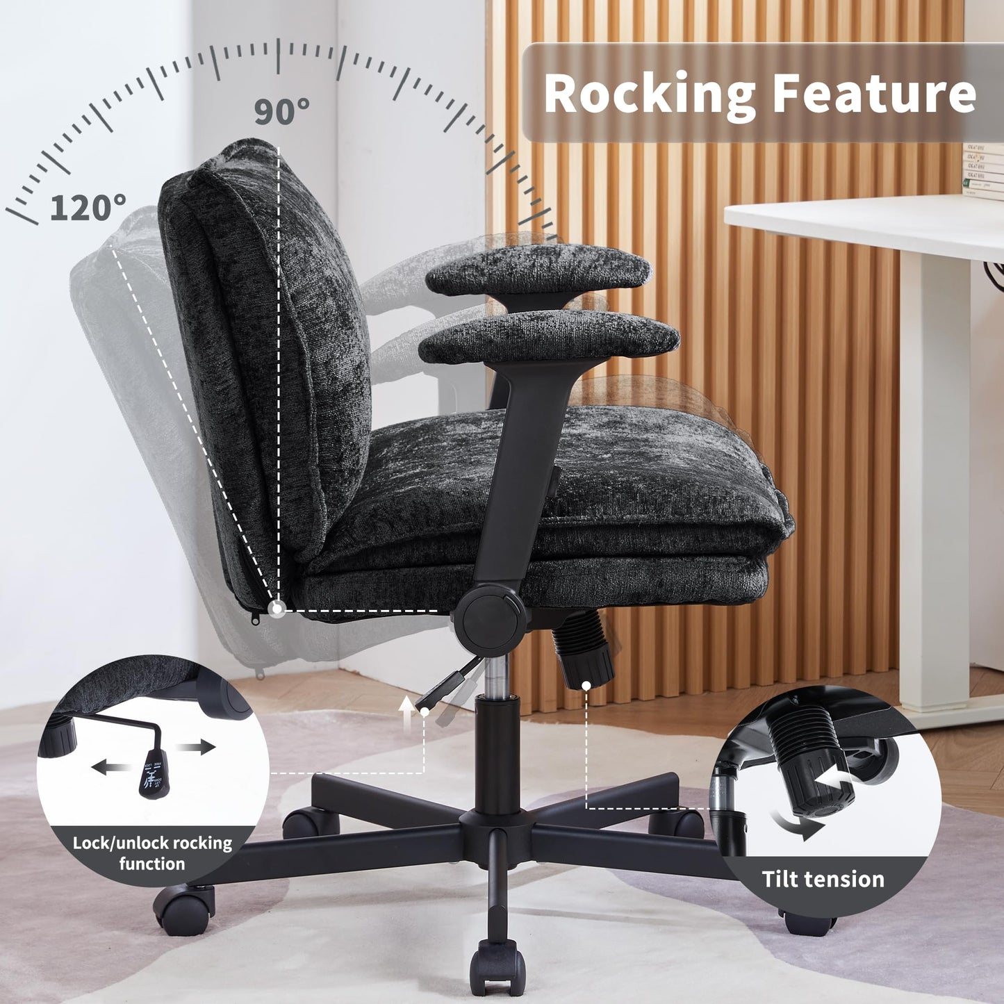 FanciSpot Cross Legged Office Chair with Wheels and Adjustable Flip-Arms, Criss Cross Desk Chair with Thick Cushion, Wide Seat Office Chair for Home Office, Apartment, Bedroom, Black