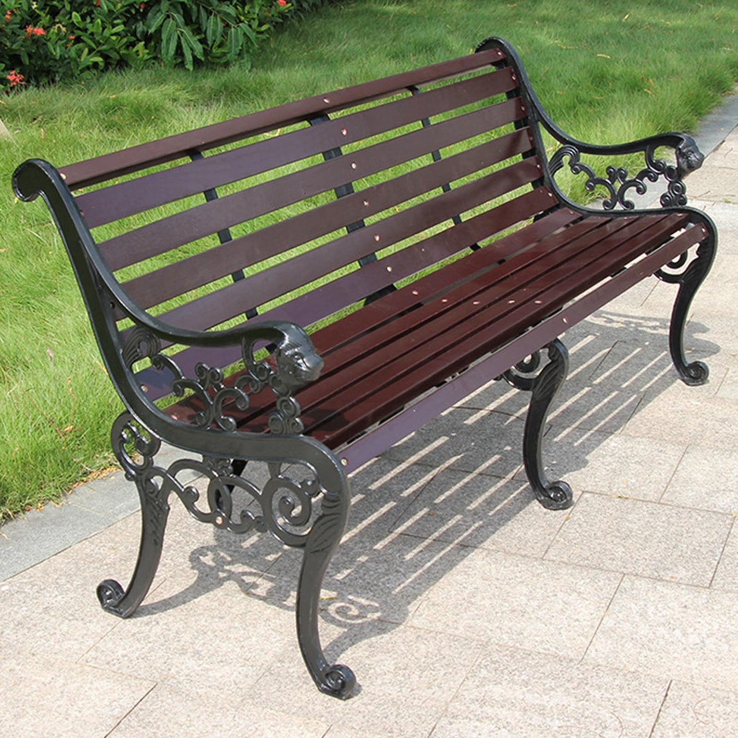 YLLSMGS Outdoor Benches Patio Garden Bench with Rust Resistant Cast Iron Frame with Backrest and Armrests for Backyard Lawn(Brown,125cm/49in)