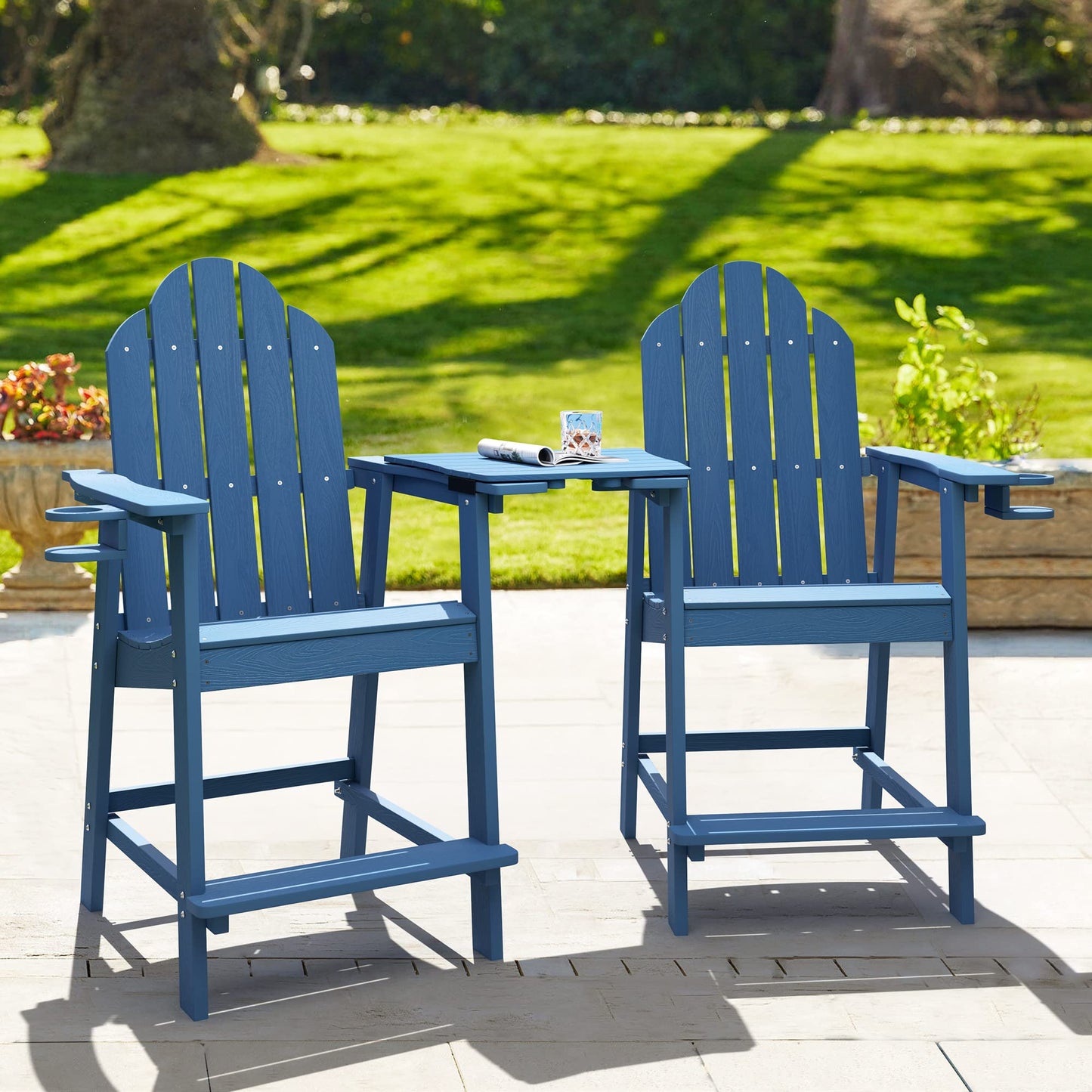LUE BONA Tall Adirondack Chairs Set of 2, Recycled Poly Adirondack Chair Bar stools with Cup Holder, 25.6", 300Lbs, Eco-Friendly, Weather Resistant Lifeguard Chair for Balcony,Deck