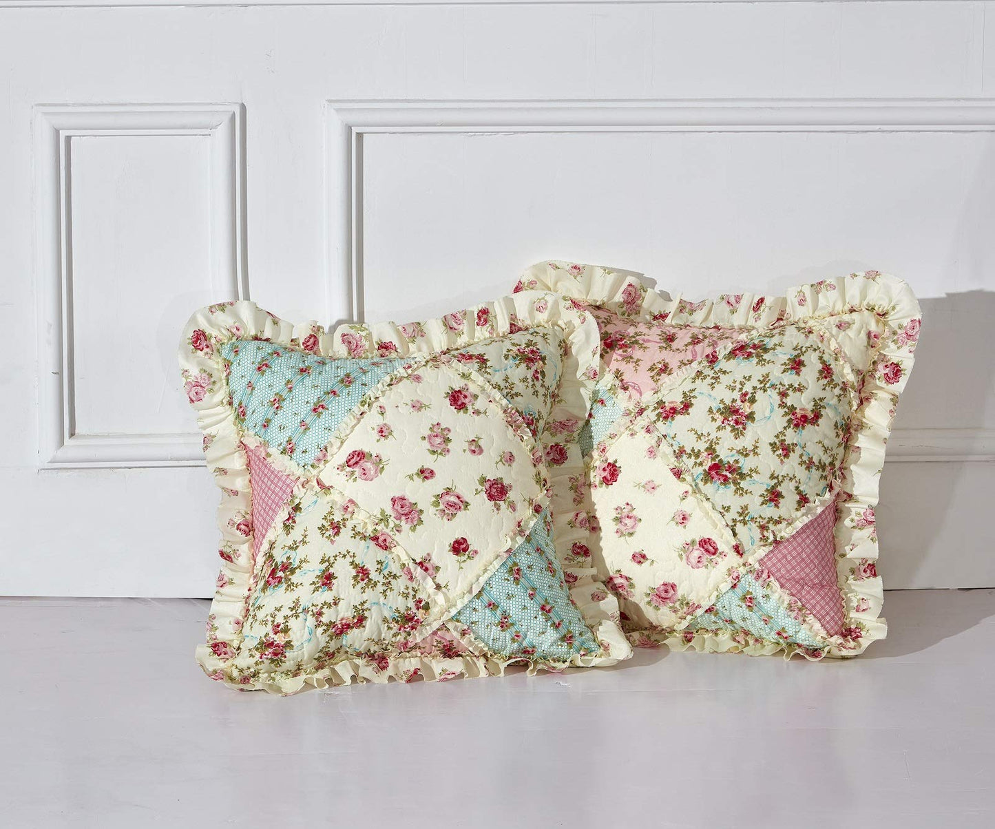 Brilliant Sunshine Roses Ruffle Pillowshams, Quilted Patchwork Decorative Pillow Covers Set, Washable Square Throw Cushion Cases for Couch, Recliner, Armchair, Bed, 18x18, Pack of 2, Pink Green
