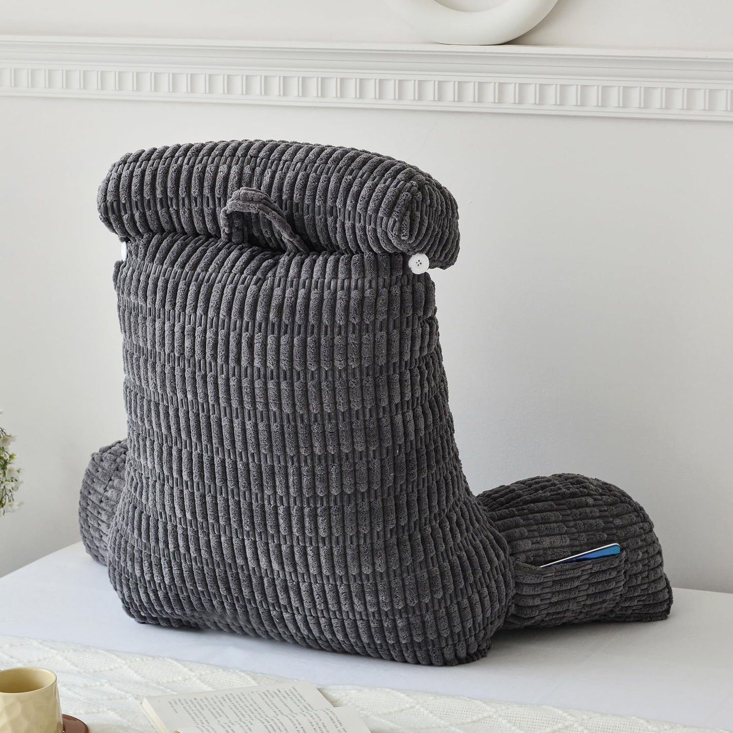 WERDIM Reading Pillow with Detachable Neck Roll, Large Back Pillow for Sitting Up in Bed Couch, Adult Bed Rest Pillow with Arms for Reading/Watching TV/Gaming, Dark Grey