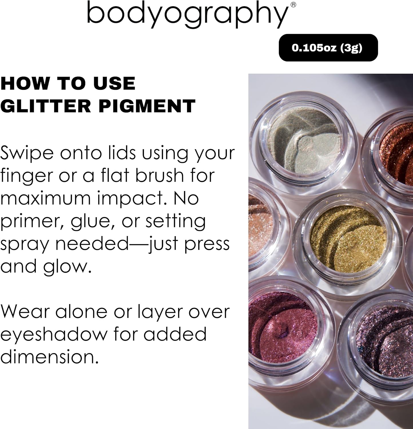 Bodyography Glitter Pigment Eye Shadow | Long Wear Shimmer Eyeshadow | Vegan, Talc & Paraben Free | Cream Powder Formula | Hue (Duo Chrome Purple) 1.5 g