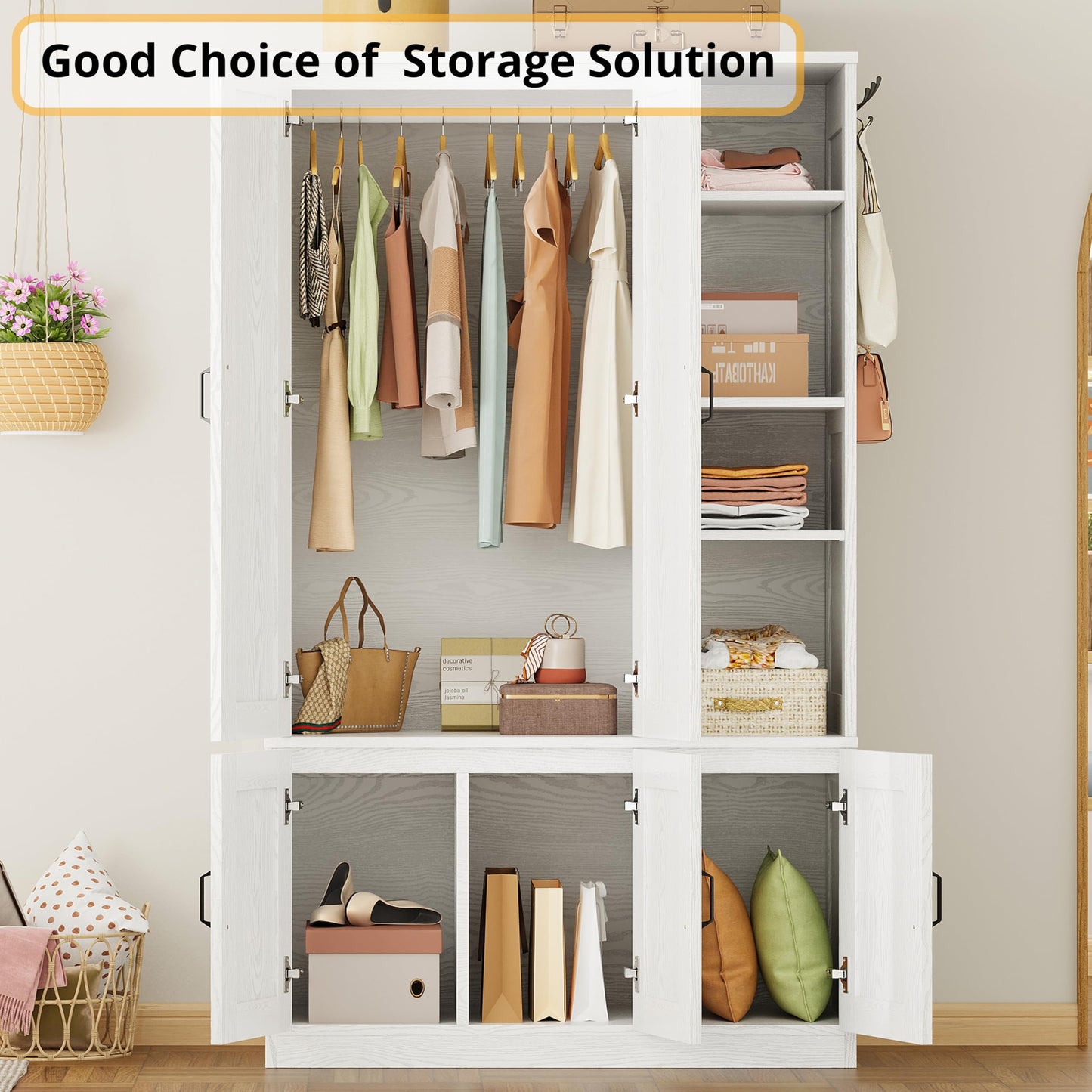 LIKIMIO Armoire Wardrobe Closet 70" H, 5 Doors Bedroom Wooden Wardrobe with 4 Storage Shelves and Hanging Rod, Clothing Storage Cabinet Organizer Combination, White