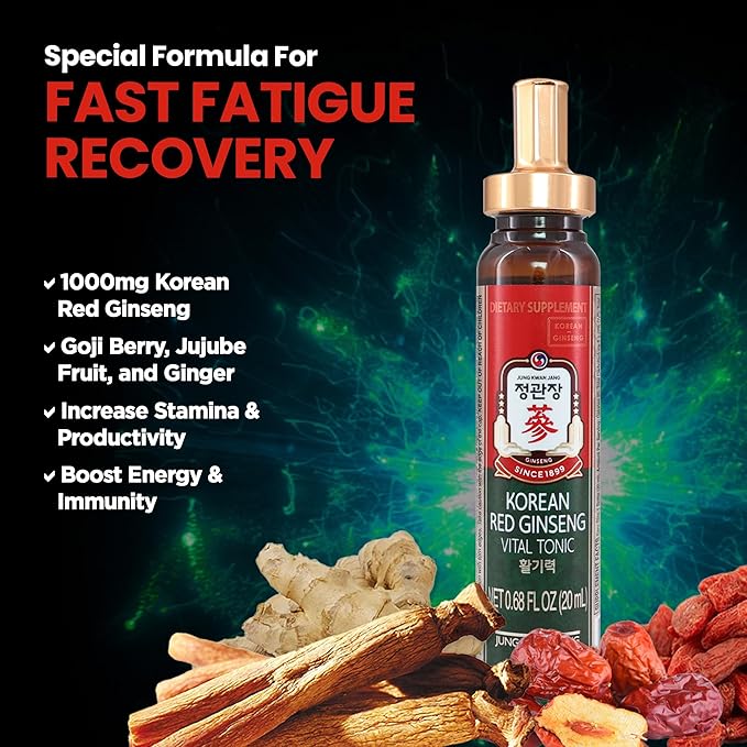 JungKwanJang Vital Tonic Korean Red Ginseng, Ginger, Fruit Blend Wellness Shots for Energy, Focus, Circulation and Immunity Supplement, 10 Count