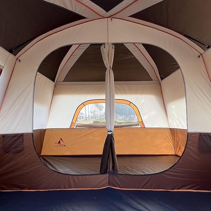 KTT Extra Large Tent 10-12-14 Person(A),Family Cabin Tents,2 Rooms,3 Doors and 3 Windows with Mesh,Straight Wall,Waterproof,Double Layer,Big Tent for Outdoor,Picnic,Camping,Family Gathering