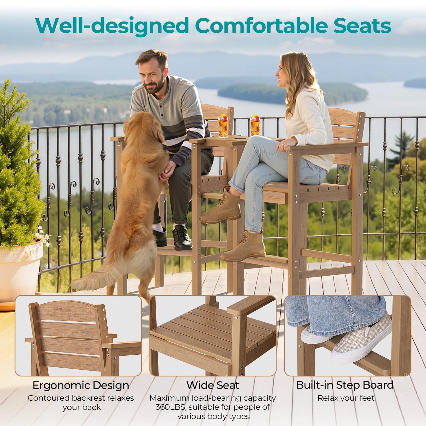 LuxaDomus Tall Adirondack Chairs Set of 2, Outdoor HDPS Adirondack Chair with Removable Tray, Balcony Chairs with Umbrella Hole, Weather Resistance Tall Patio Chairs for Deck Patio Pool Lawn, Teak