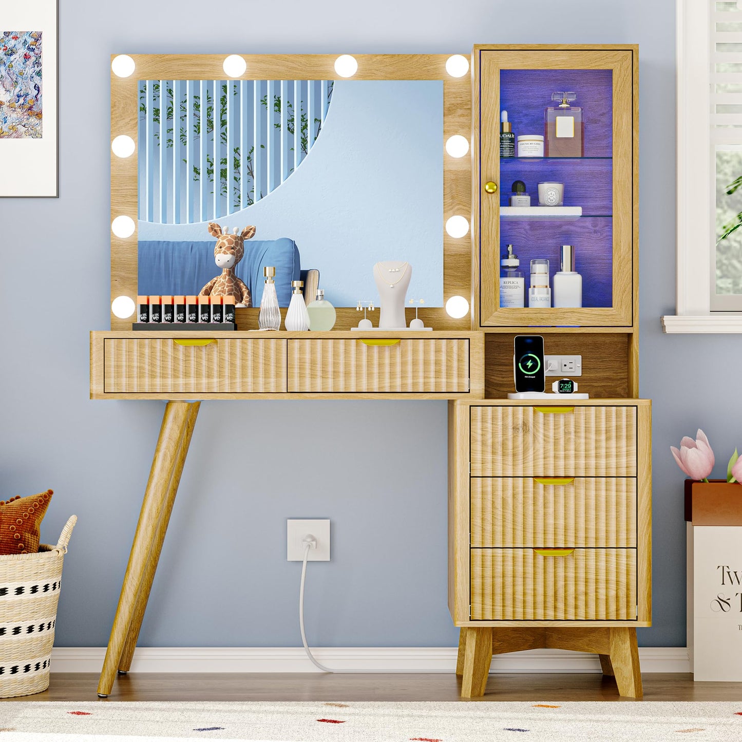 Fluted Vanity Desk with Mirror and Lights, 45" Glass Top Makeup Table Set with 5 Drawers, Power Outlet & Storage Cabinet, Large Dressing Table with RGB Ambient Light for Bedroom Women Girls, Oak