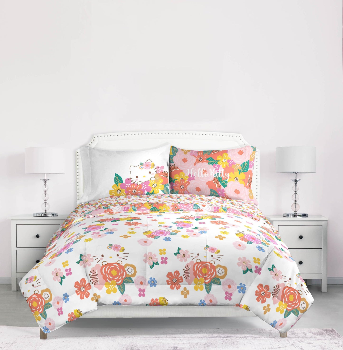 Jay Franco Hello Kitty King Size Comforter Set - 7 Piece Bedding Includes Sheet Set & Pillow Covers - Super Soft Floral Bedding