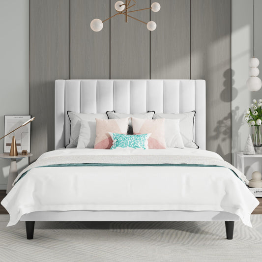 SHA CERLIN Full Bed Frame/Velvet Upholstered Platform Bed Frame with Headboard/Strong Wood Slats Support/Mattress Foundation/No Box Spring Needed/Easy Assembly/White