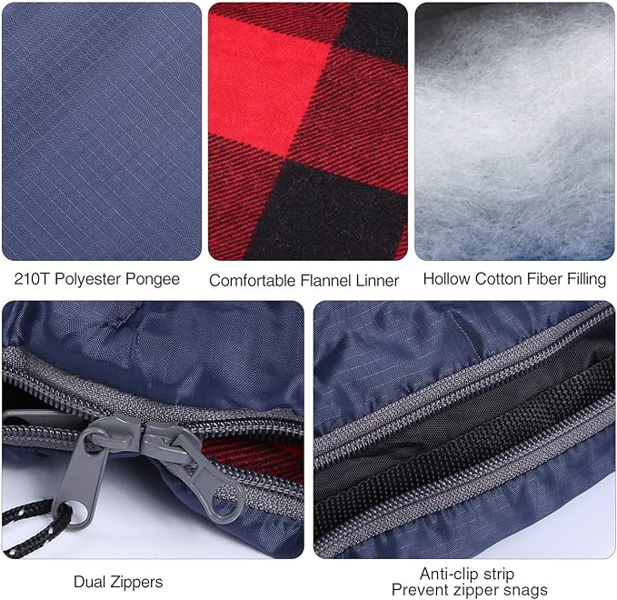 REDCAMP Flannel Sleeping Bag for Adults, Comfortable Cotton Sleeping Bags for Camping with Detachable Hood, Red/Grey/Blue