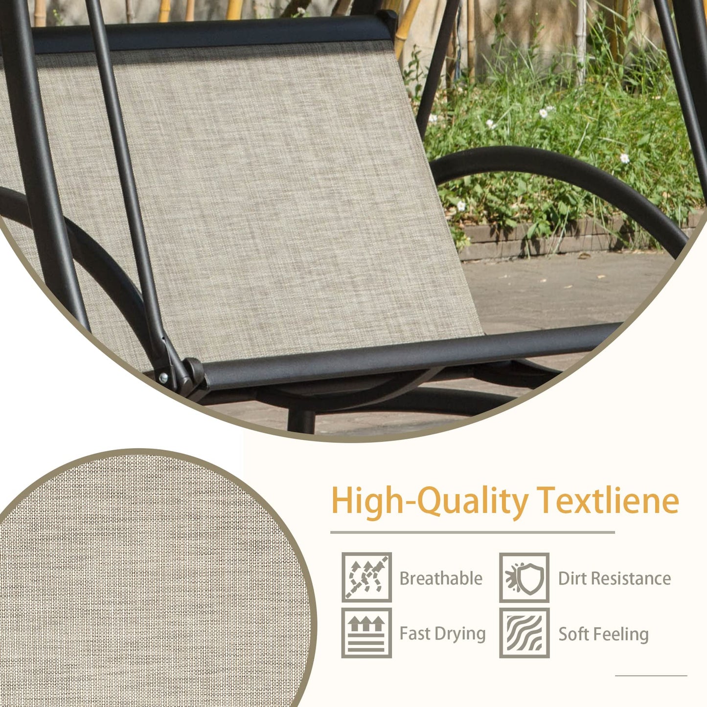 Domi Porch Patio Swing with Adjustable Canopy, 2-seat with Stand, Outdoor Loveseat Swing w/Armrests, Weather Resistant Steel Frame and Textilene Fabric