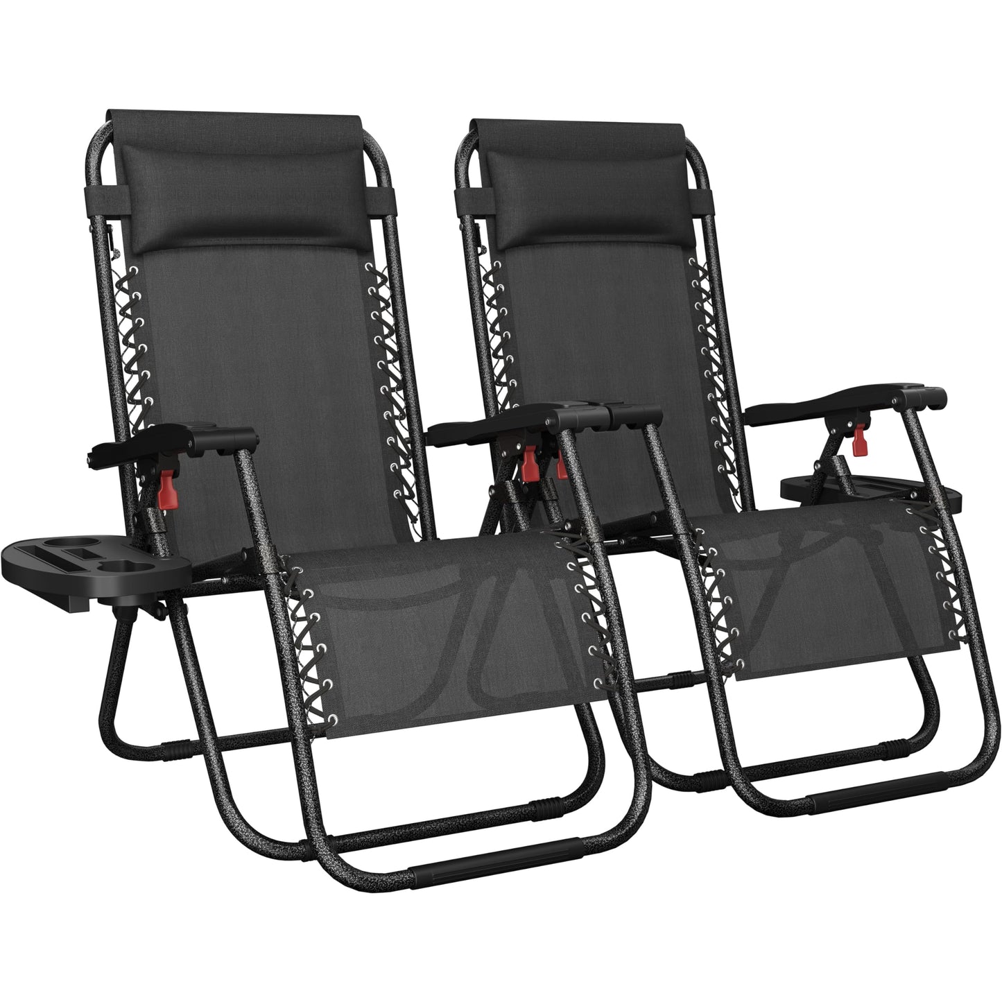 Yaheetech Zero Gravity Recliners Outdoor Adjustable Folding Reclining Lounge Chairs w/Pillows, Cup Holder Trays and Carry Strap for Patio Backyard Beach Black Set of 2