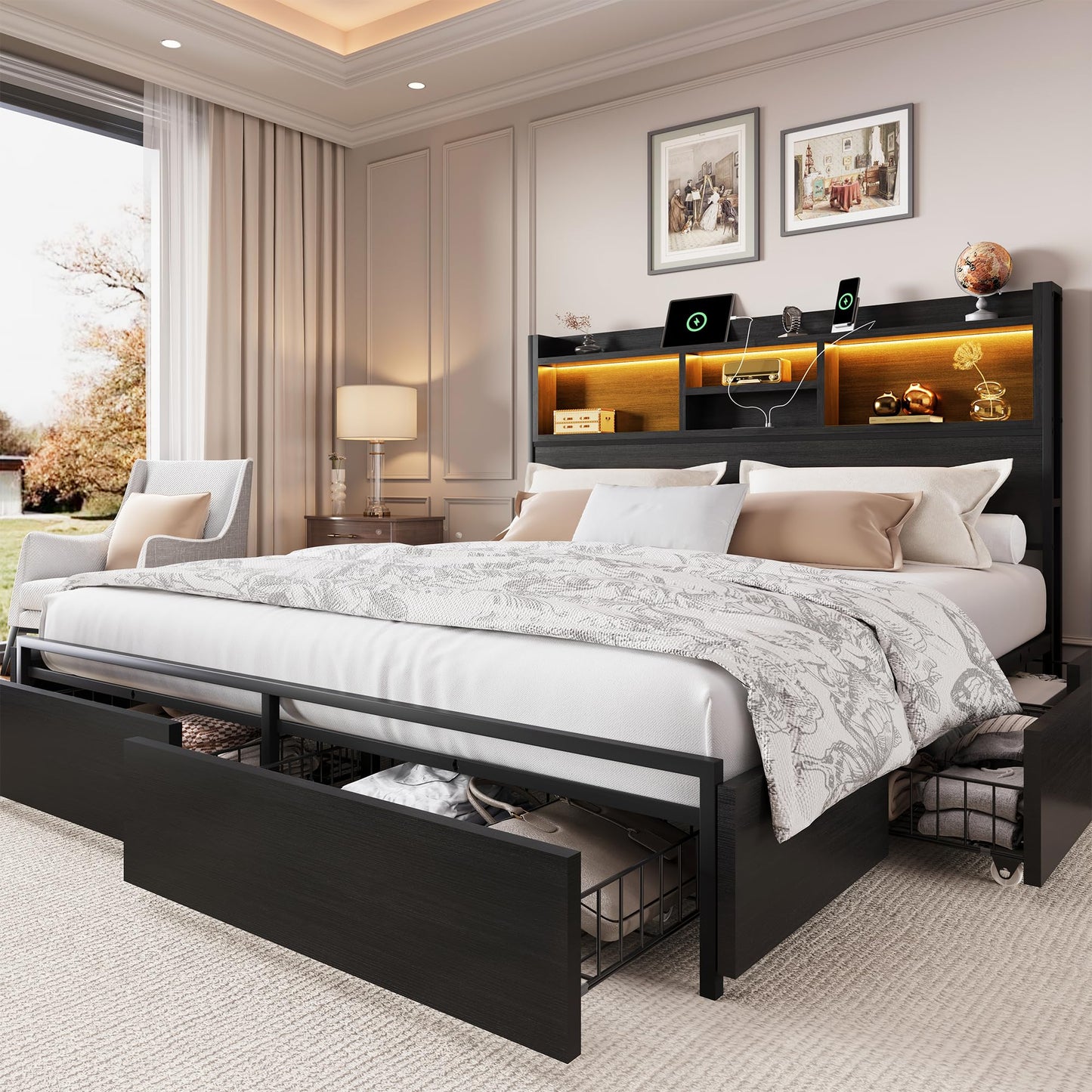 LARMACE King Size Bed Frame with 6 Storage Drawers and Headboard Wooden Platform Bed Frame with LED Lights and Charging Station Easy Assembly/No Box Spring Needed/Black