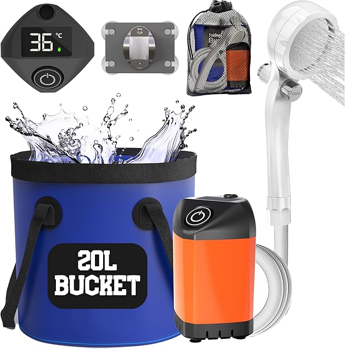 Elil Portable Camping Shower Pump with 3 Gallon Collapsible Bucket - Rechargeable Battery Camp Shower Electric Shower, Portable Shower for Camping Shower Tents (Shower Pump + 5 Gal Bucket)