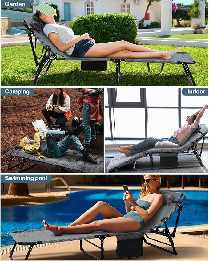 Sportneer Sleeping Cots for Adults: 5-Angle Adjustable Folding Bed with Thick Mattress - 450lbs Max Load Padded Camping Cot with Easy Setup & Takedown for Outdoor Travel Sleep Over, Size 76''x27''