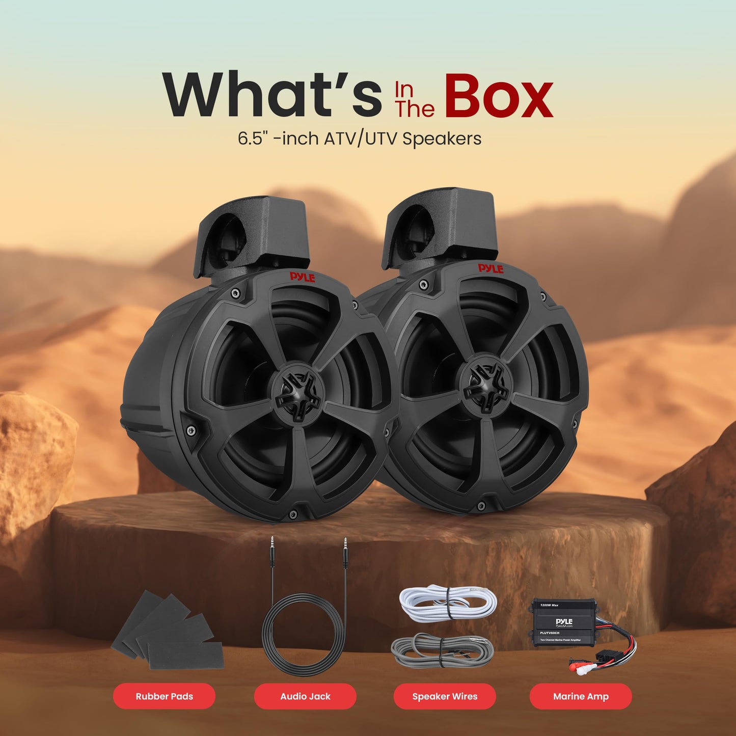 Pyle 6.5" Water-Resistant Off-Road Speakers - 2 Channel Rated Amplifier - ATV, UTV, 4x4, Jeep, Wired RCA, for Boat Stereo Speaker and Other Watercraft (1200 Watts)