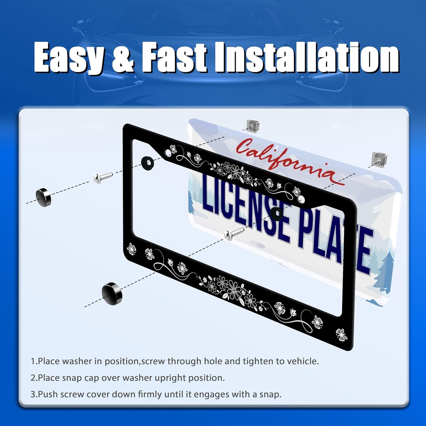 Black White Daisy Butterfly License Plate Frame Flowers License Plate Stainless Steel Funny License Plate Holder Floral Car Accessories With Screws Car Decoration 12.3"x6.3"Fits Standard Vehicles Size