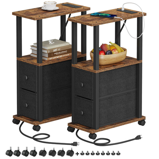 TUTOTAK Small Narrow End Tables, Side Tables with 2 Fabric Drawers, Set of 2, Bedside Tables with Charging Station for Small Spaces, Slim Nightstands with USB Ports and Wheels, TB01BB053