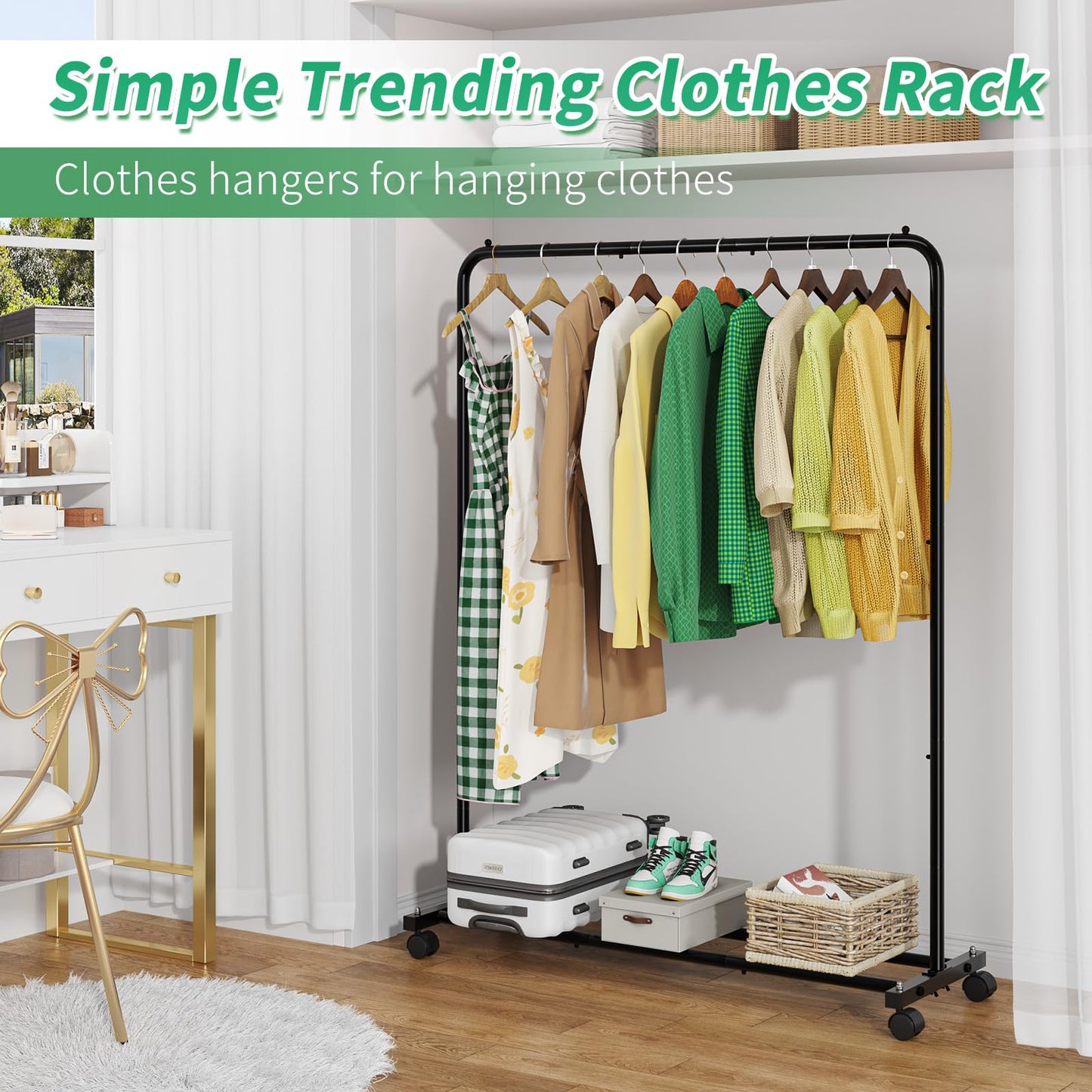 Simple Trending Standard Clothes Clothing Garment Rack with Storage Shelves, Rolling Clothes Organizer on Wheels for Hanging Clothes, Black