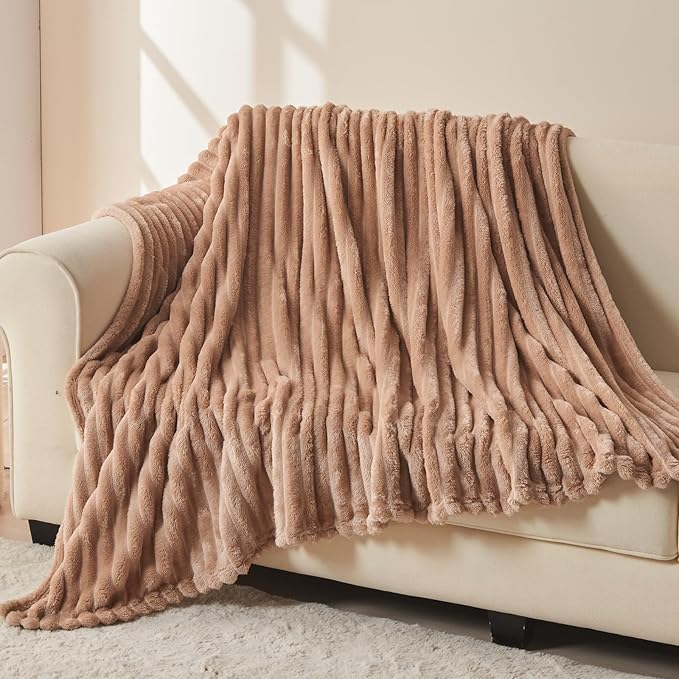 NEWCOSPLAY Super Soft Twin Blanket Taupe Premium Silky Flannel Fleece 3D Ribbed Jacquard Lightweight Bed Blanket All Season Use (Taupe Ribbed, Twin(60"x80"))