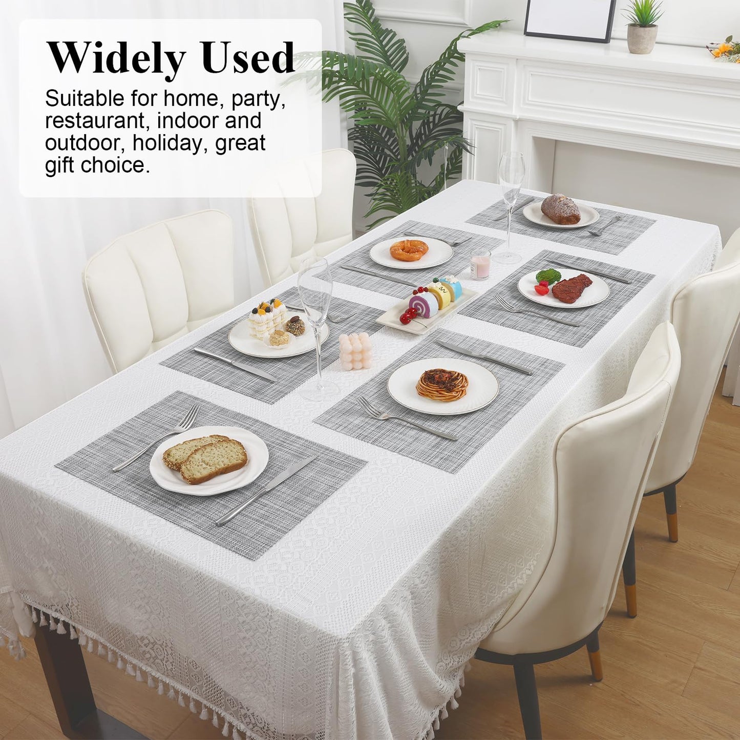 SHACOS Woven Vinyl Placemats Set of 6 Wipe Clean Table Placemats Heat Resistant Wipeable Non Slip Table Mats Indoor Outdoor, Gray White