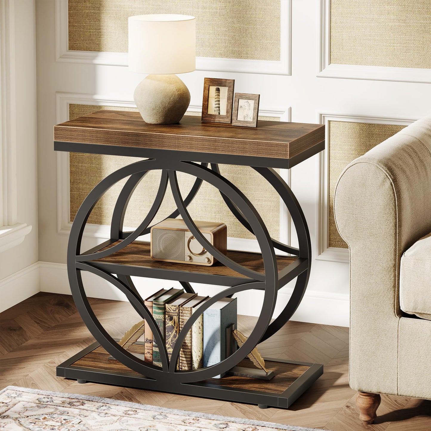 Tribesigns Side Table for Living Room, Narrow Small End Table with 3-Tier Storage, Wooden Industrial Bedside Nightstand with Metal Frame, Rustic Brown