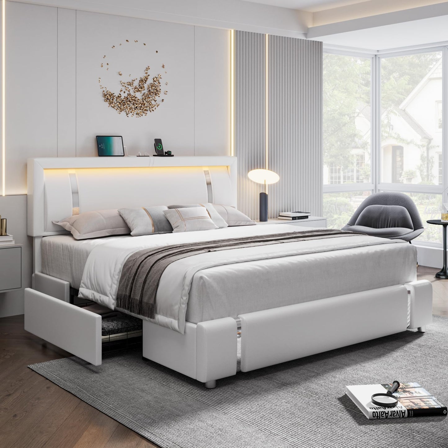 Keyluv Queen Bed Frame with RGB LED Lights Headboard & 2 Storage Drawers, Modern Upholstered Faux Leather Smart Platform Iron Metal Decor, USB USB-C Charging Ports, No Box Spring Needed, White