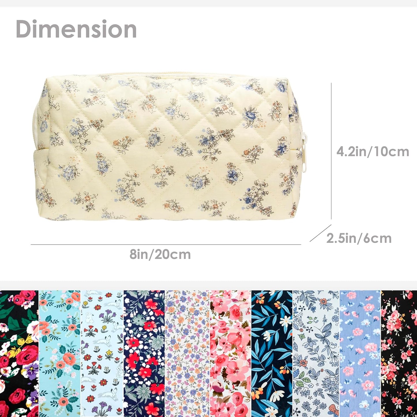 PAZIMIIK Vintage Quilted Makeup Bag Cosmetic Pouch for Brushes Pencils and Travel Make Up Accessories for Women and Girls Floral Blue
