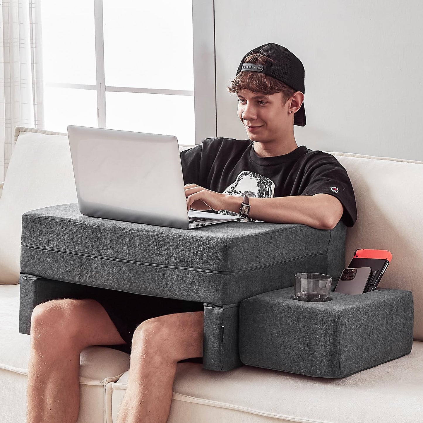 Comehealthy Lap Desk Pillow for Laptop, Large Reading Pillow for Adult, Arm Rest Pillow with Cup Holder, Memory Foam Bed Desk for Working, Gaming, Reading, Laptop Desk for Couch Bed Floor(Grey)