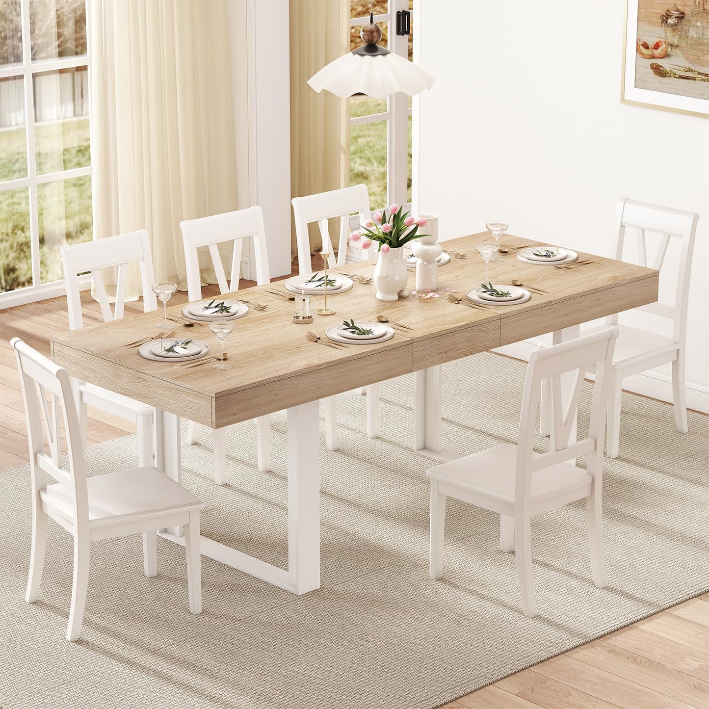Zevemomo 63"-78.7" Expandable Dining Table, 6-10 Farmhouse Kitchen Table, Extendable Dining Table, Rectangular Kitchen Table with Metal Track, Tapered U-Shaped Legs for Dining Room, Office-Oak