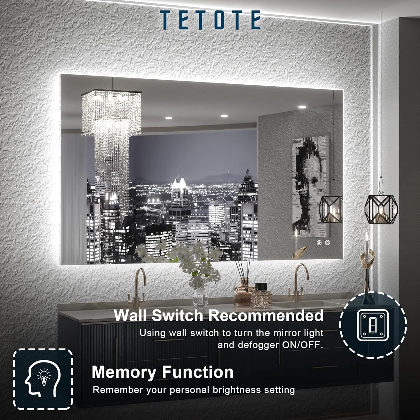 TETOTE 40 x 24 LED Backlit Vanity Mirror Bathroom,3Color White/Warm/Natural,Anti-Fog Lighted Mirror,Dimmable,Wall Mounted
