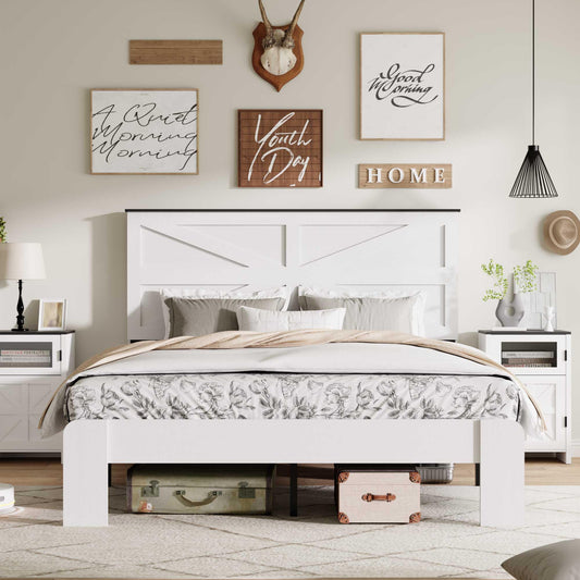 PAUKIN King Size Farmhouse Wooden Bed Frame with Headboard, Boho Platform Bedframe Sturdy Metal Slats Support, Spring Needed, Noisy Free, Easy Assembly (King, White)
